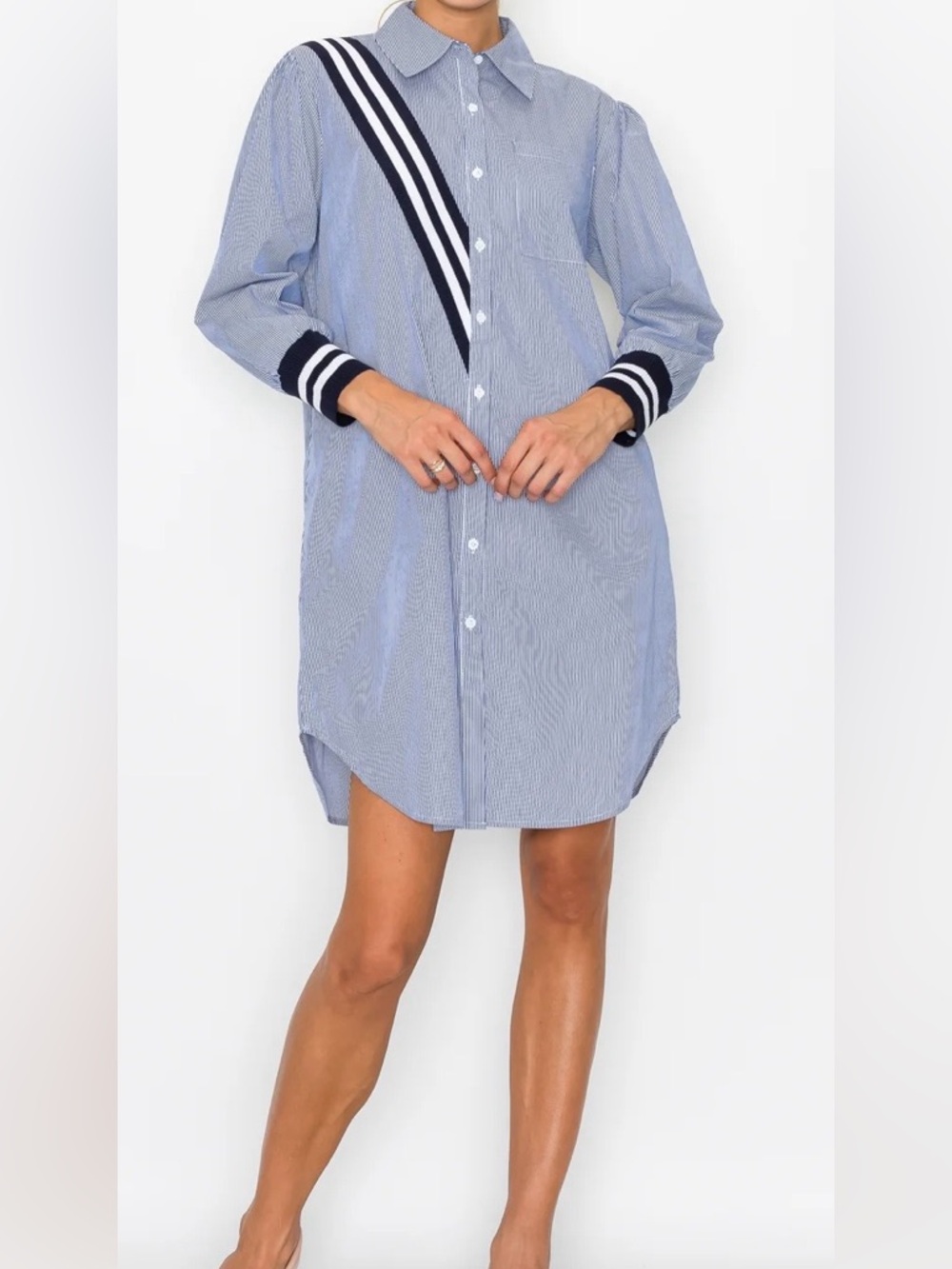 Button Down Shirt Dress Women’s Large Pinstripes Cotton Coastal Nautical Preppy